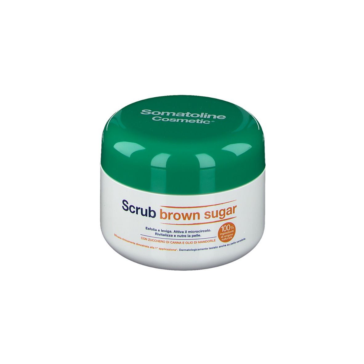 Weißer Tiegel mit grünem Deckel. Aufschrift: Somatoline Cosmetic, Scrub brown sugar. 100%.