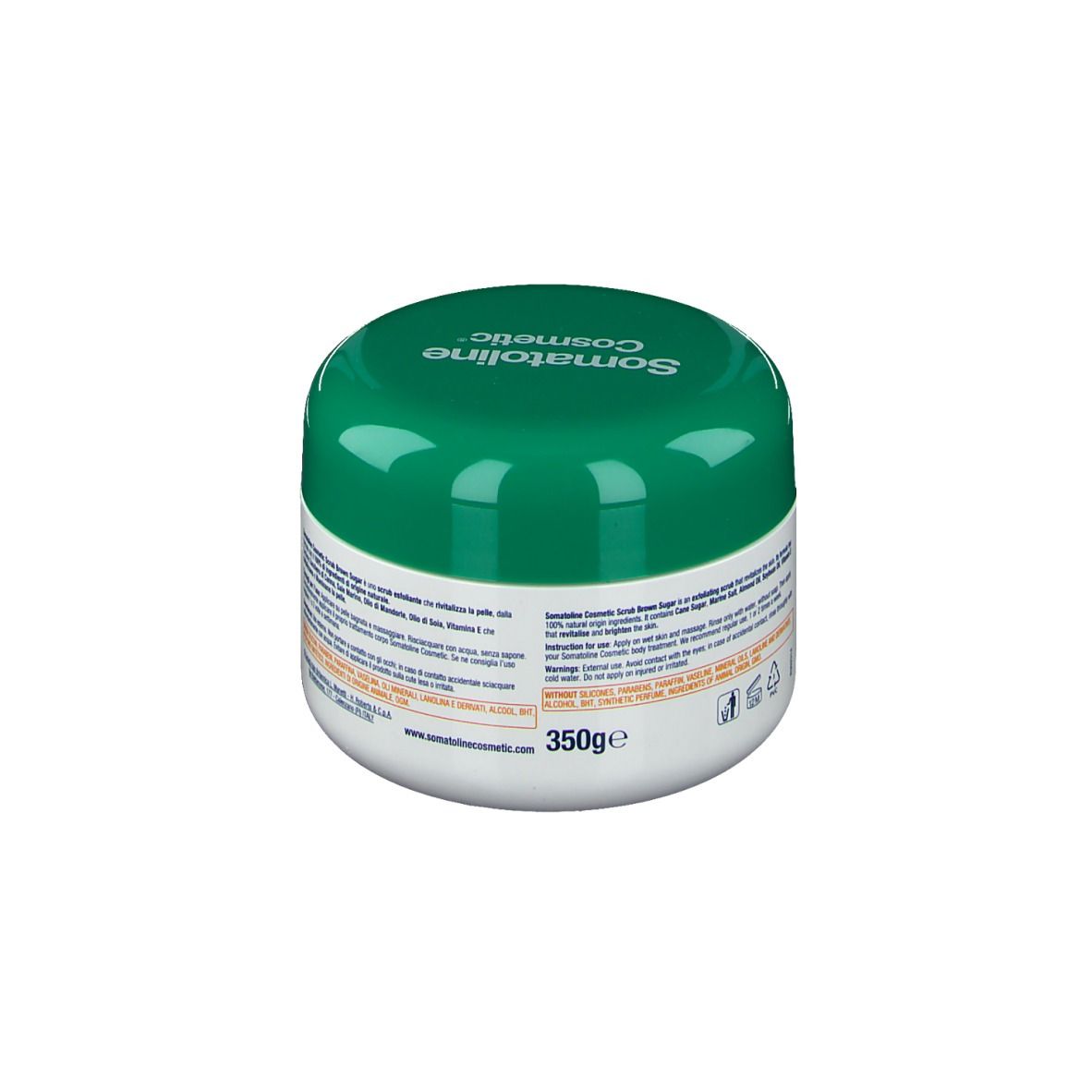 Weißer Tiegel mit grünem Deckel. Aufschrift: Somatoline Cosmetic. 350ge.