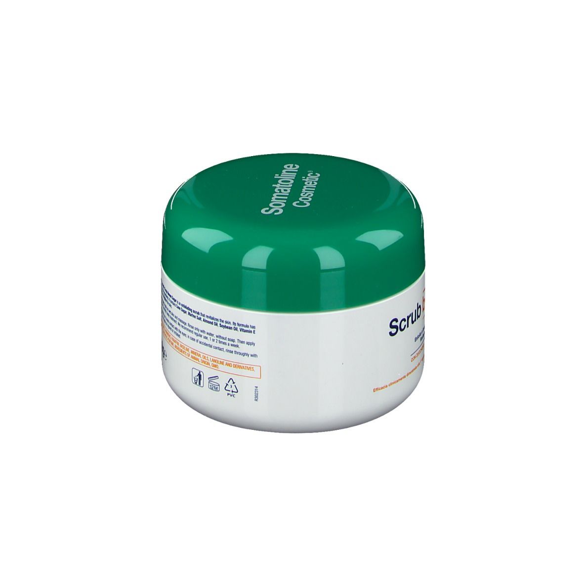 Weißer Tiegel mit grünem Deckel. Aufschrift: Somatoline Cosmetic, Scrub brown sugar.