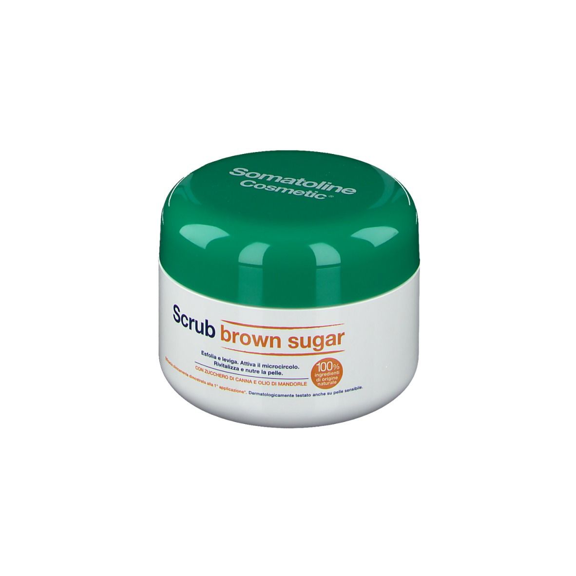 Weißer Tiegel mit grünem Deckel. Aufschrift: Somatoline Cosmetic, Scrub brown sugar. 100%.