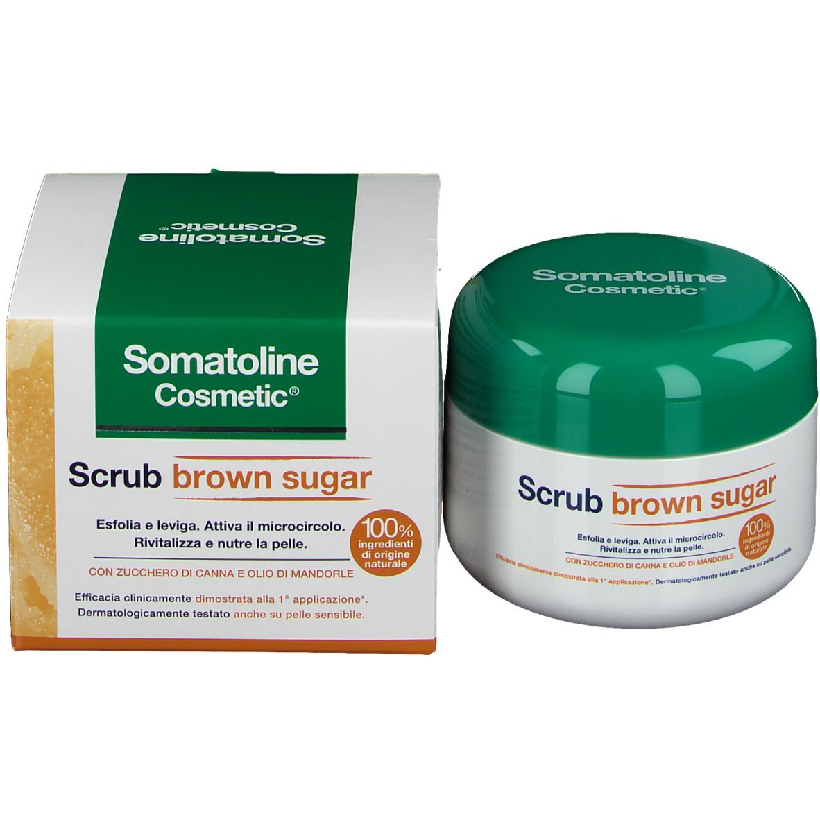 Produktverpackung und Tiegel. Aufschrift: Somatoline Cosmetic, Scrub brown sugar. 100%.