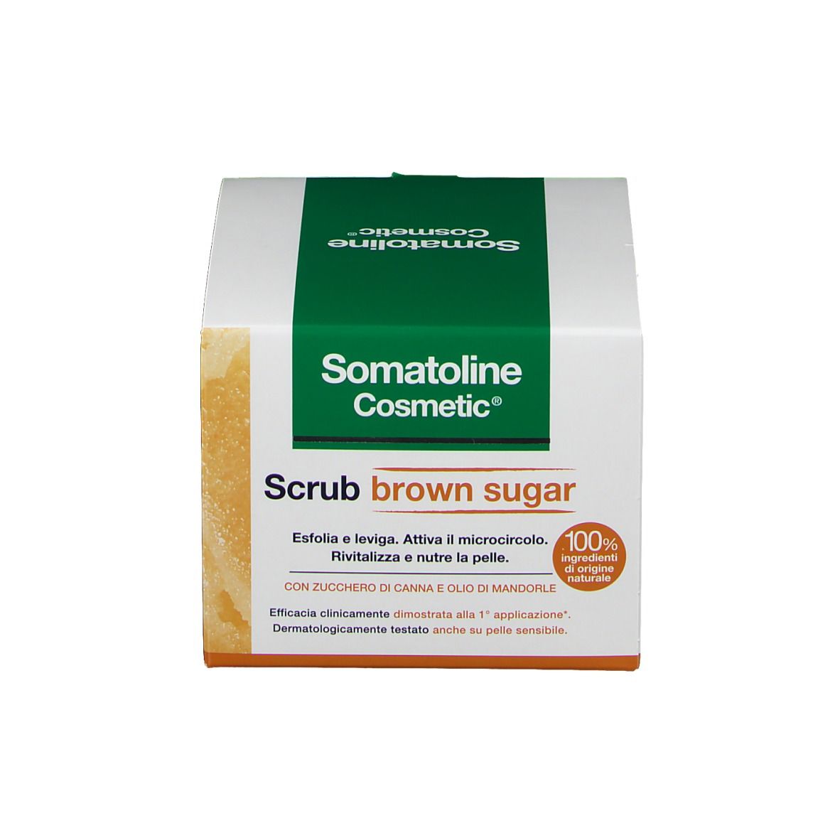 Produktverpackung. Aufschrift: Somatoline Cosmetic, Scrub brown sugar. 100%.