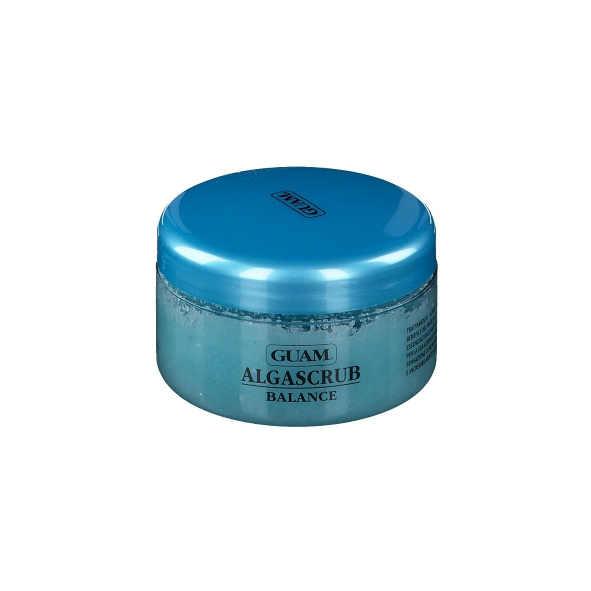 GUAM Algascrub Balance. Prodotto turchese in un vasetto blu. Scritta: GUAM, Algascrub, Balance.
