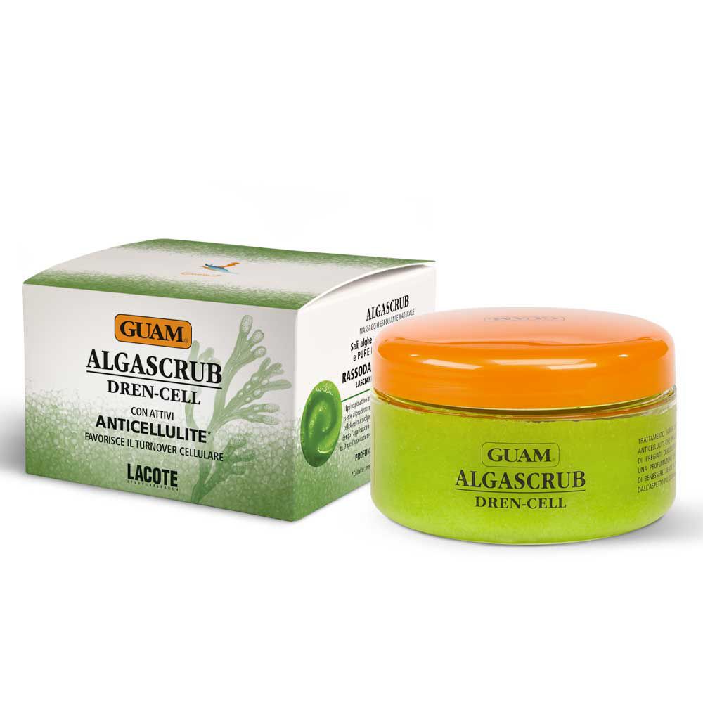 Vaso verde con coperchio arancione e scatola. Scritta: GUAM Algascrub Dren-Cell Anti-Cellulite. Prodotto e confezione.