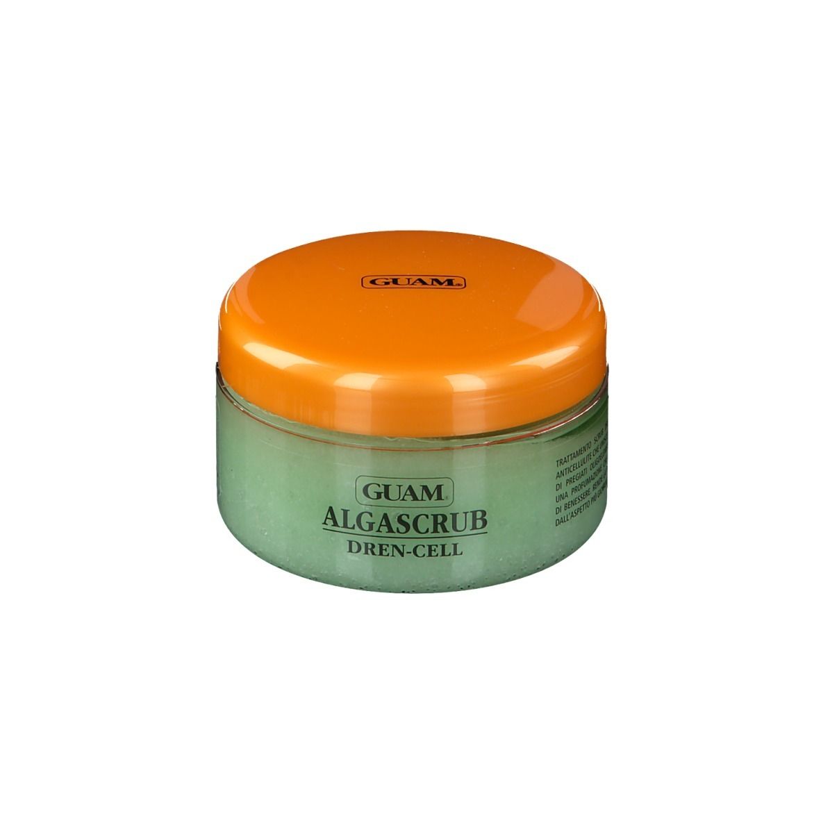 Vaso rotondo verde con coperchio arancione. Scritta: GUAM Algascrub Dren-Cell. Vista del prodotto.