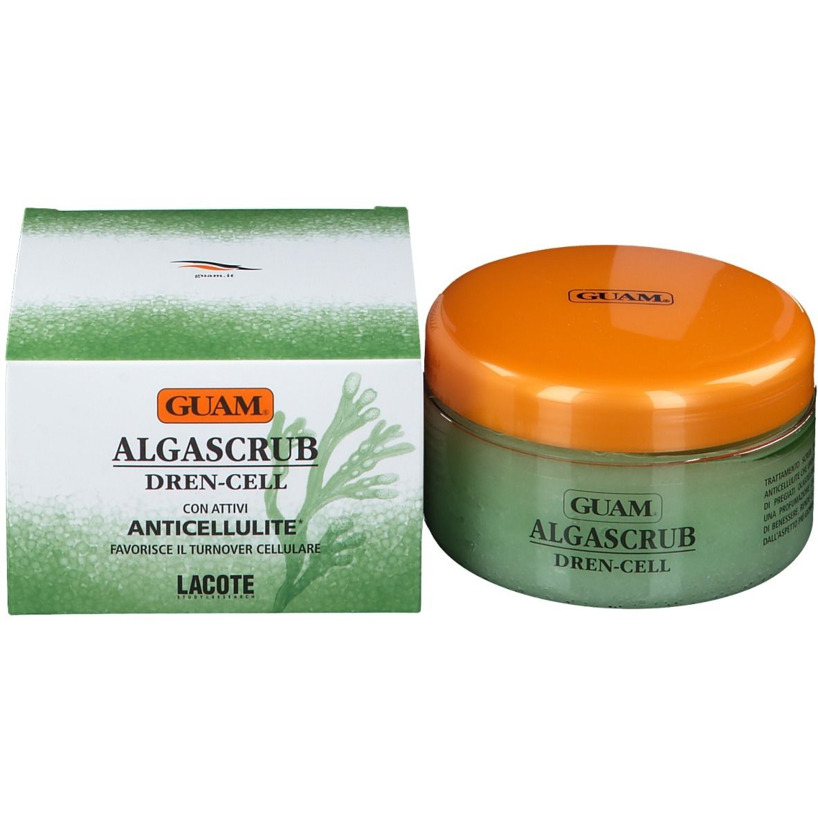 Vaso verde con coperchio arancione e scatola. Scritta: GUAM Algascrub Dren-Cell Anti-Cellulite. Prodotto e confezione.