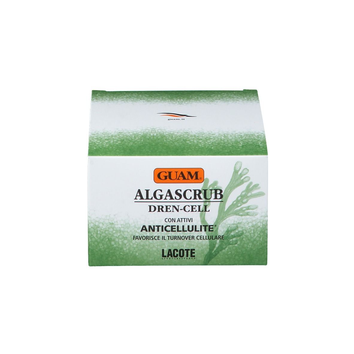 Scatola con scritta: GUAM Algascrub Dren-Cell Anti-Cellulite. Confezione del prodotto.