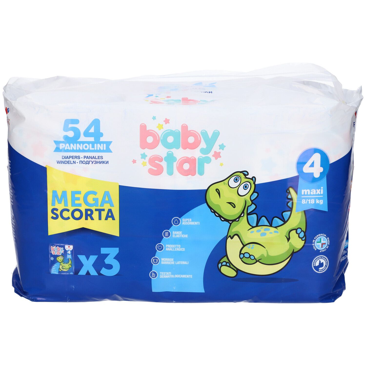Windelpackung mit 54 Stück. Marke Babystar, Größe 4. Aufdruck: Mega Scorta, Dino-Illustration.