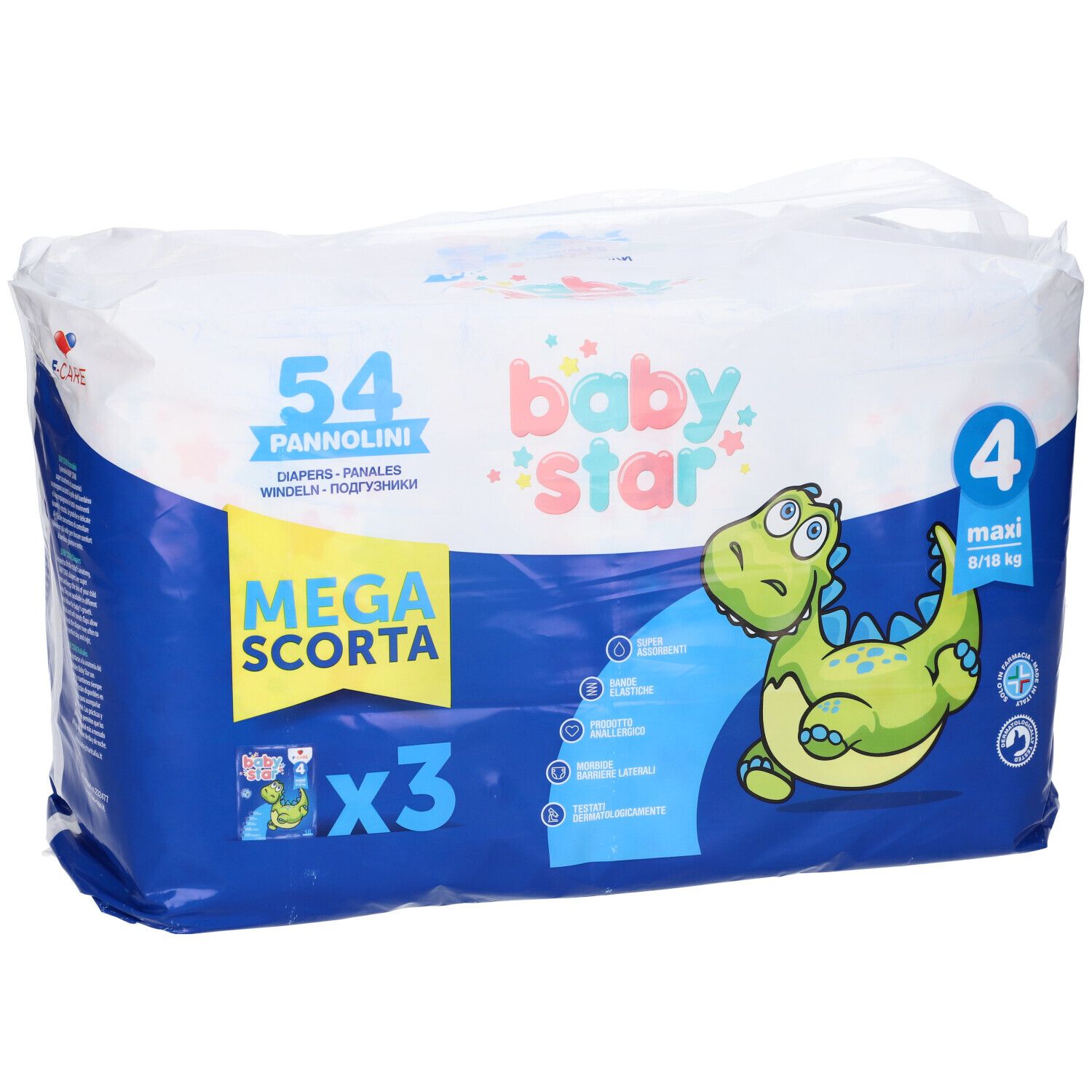 Windelpackung mit 54 Stück. Marke Babystar, Größe 4. Aufdruck: Mega Scorta, Dino-Illustration.
