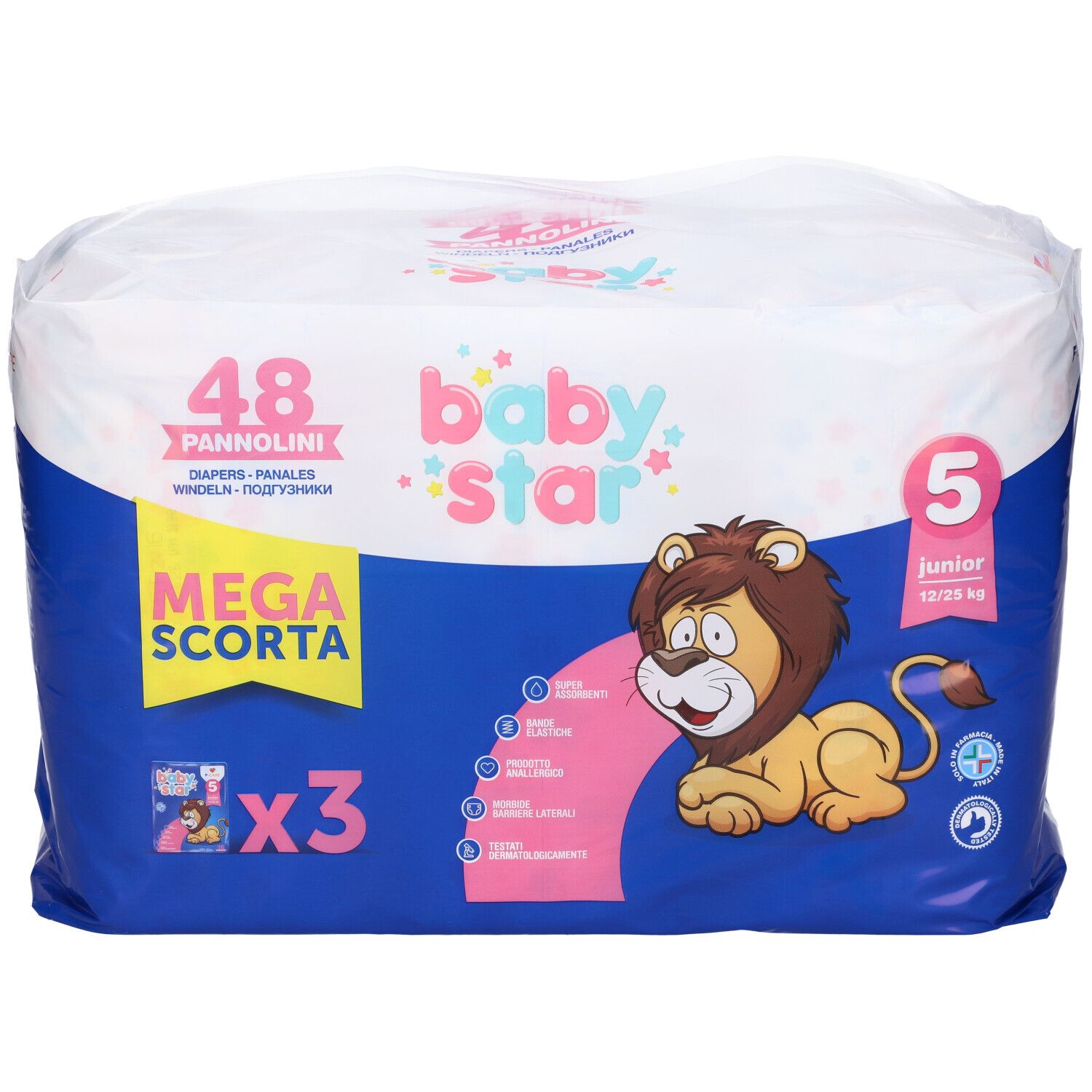Windelpackung mit 48 Stück. Aufdruck: Baby Star, Mega Scorta, Größe 5, Junior, 12/25 kg. Abbildung eines Löwen.