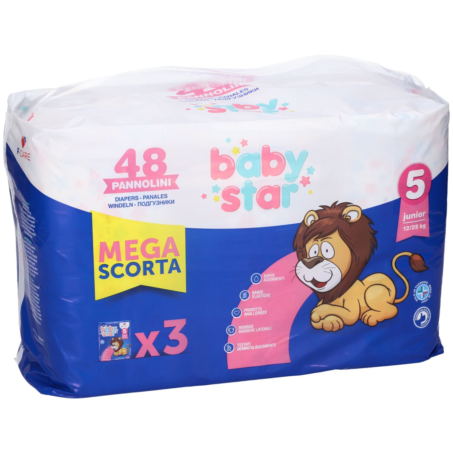 Windelpackung mit 48 Stück. Aufdruck: Baby Star, Mega Scorta, Größe 5, Junior, 12/25 kg. Abbildung eines Löwen.