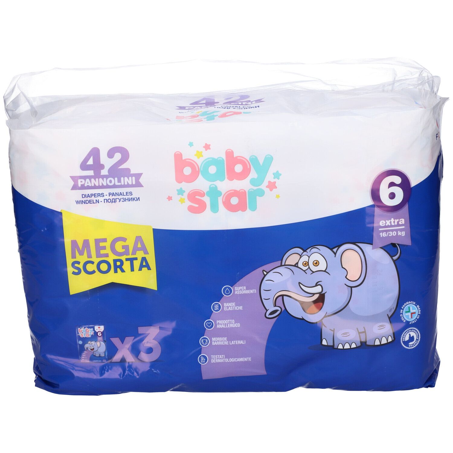 Packung Babystar Windeln, Größe 6, 42 Stück. Blaue Verpackung mit Elefanten-Illustration und Produktinformationen.