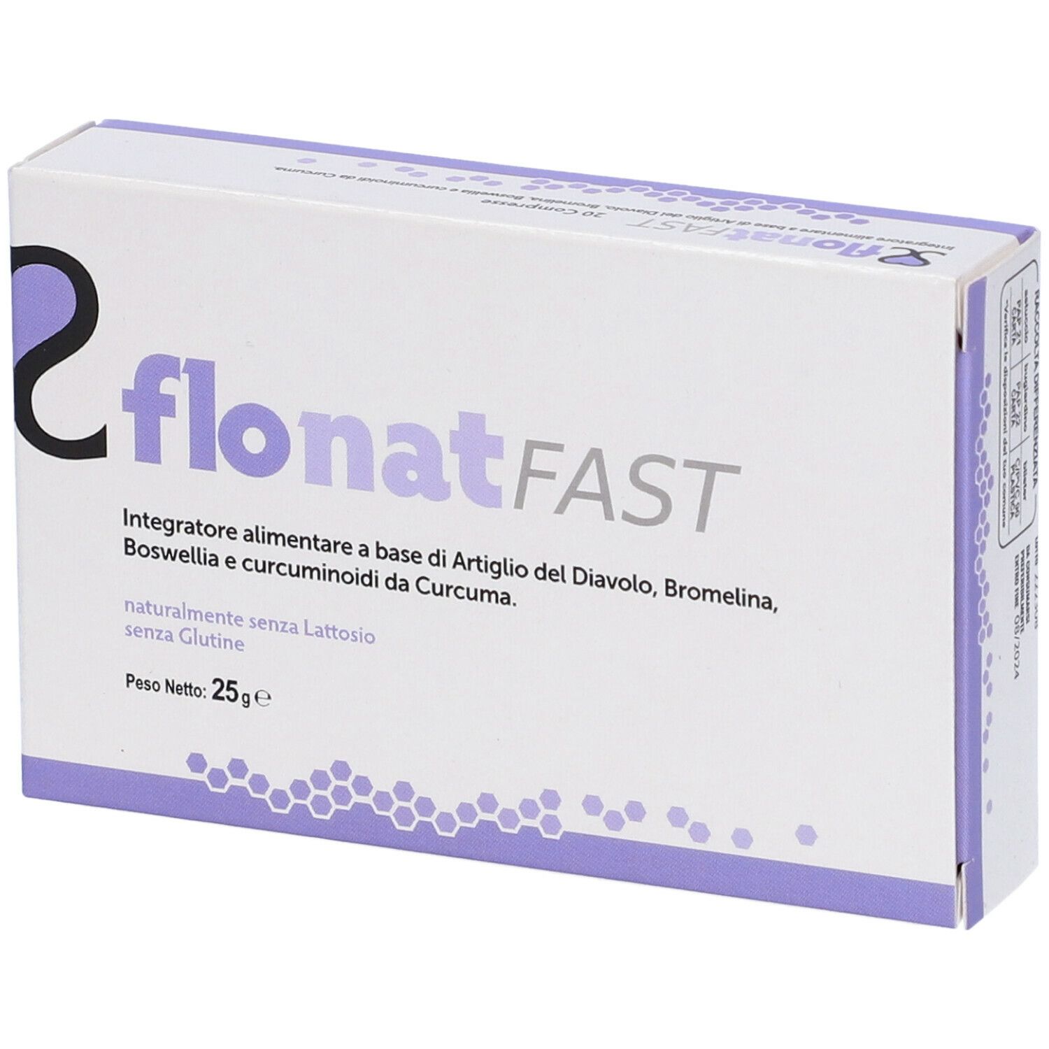 Scatola "flonatFAST". Scritto: Integratore alimentare, 25g, senza lattosio e glutine.