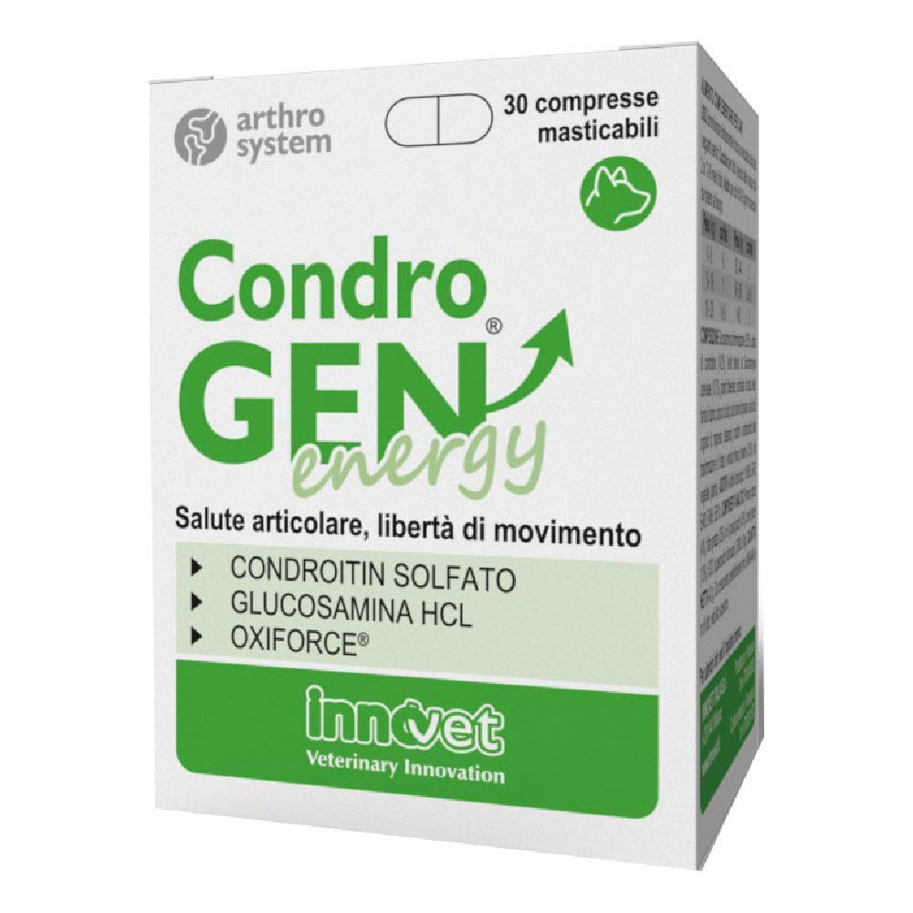 Scatola con CondroGEN energy, 30 compresse masticabili. Design verde e bianco. Logo arthro system.