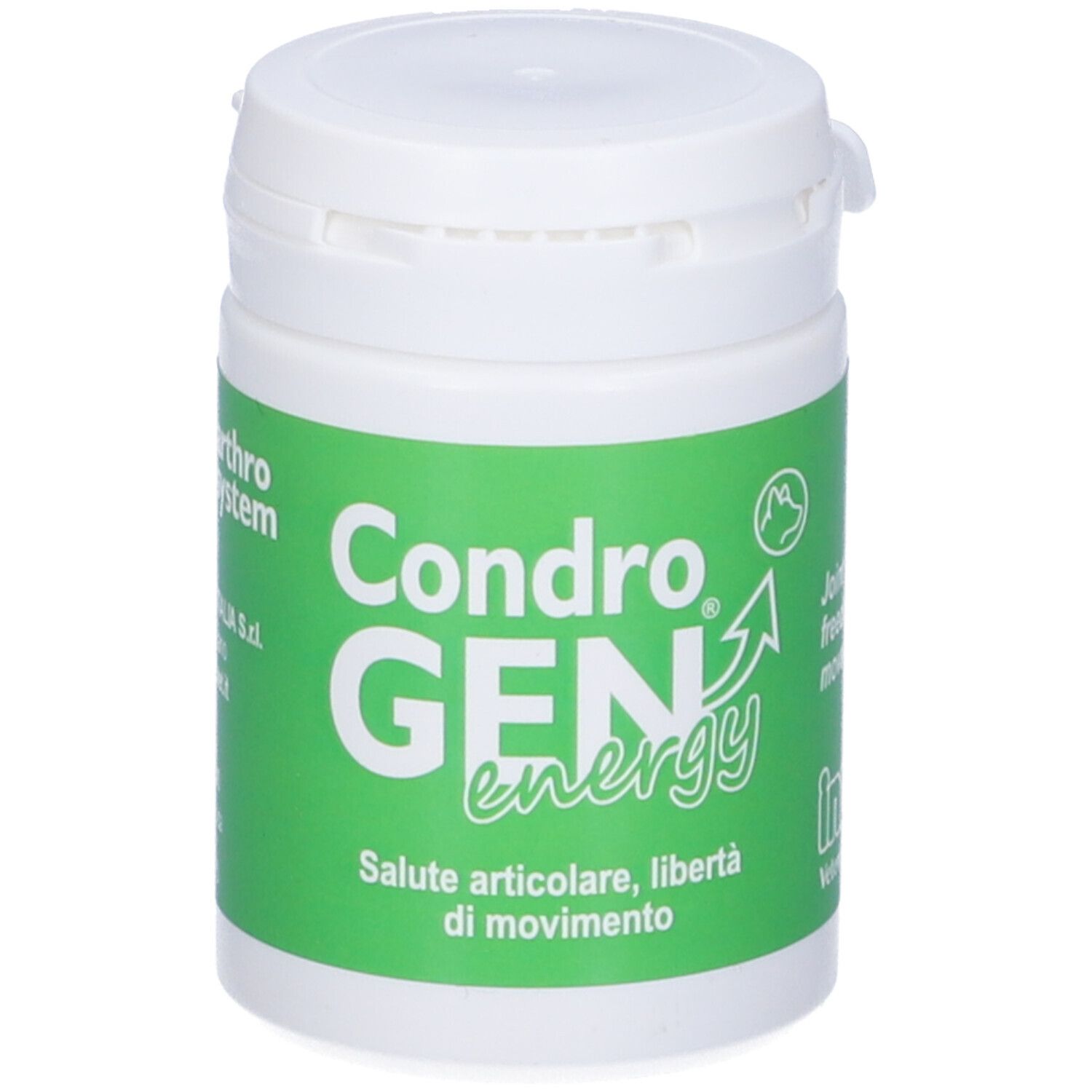 Flacone bianco, etichetta verde. Testo CondroGEN energy. Logo arthro system. Coperchio a cerniera.