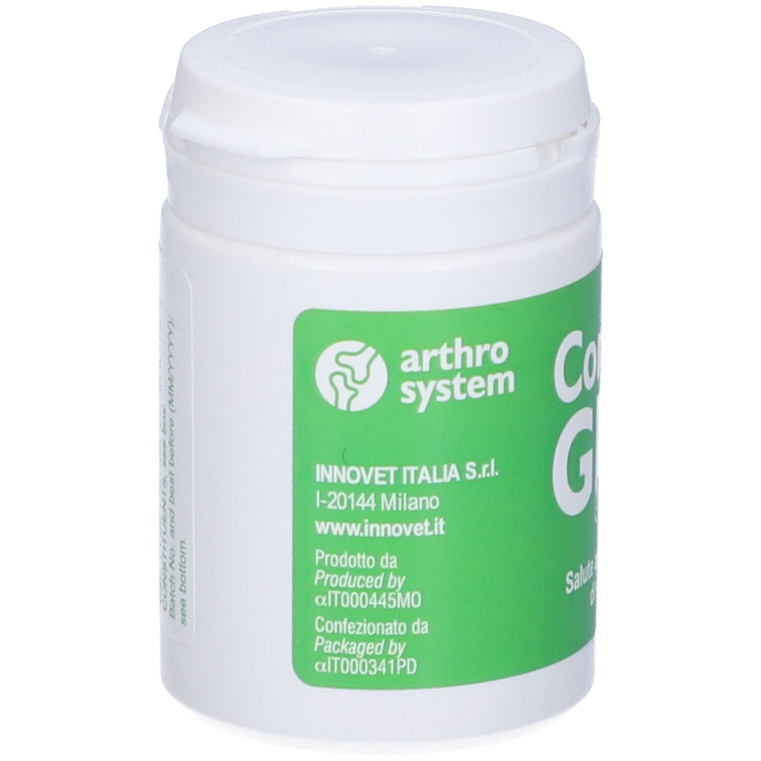 Flacone bianco, etichetta verde. Testo CondroGEN energy. Logo arthro system. Informazioni produttore.