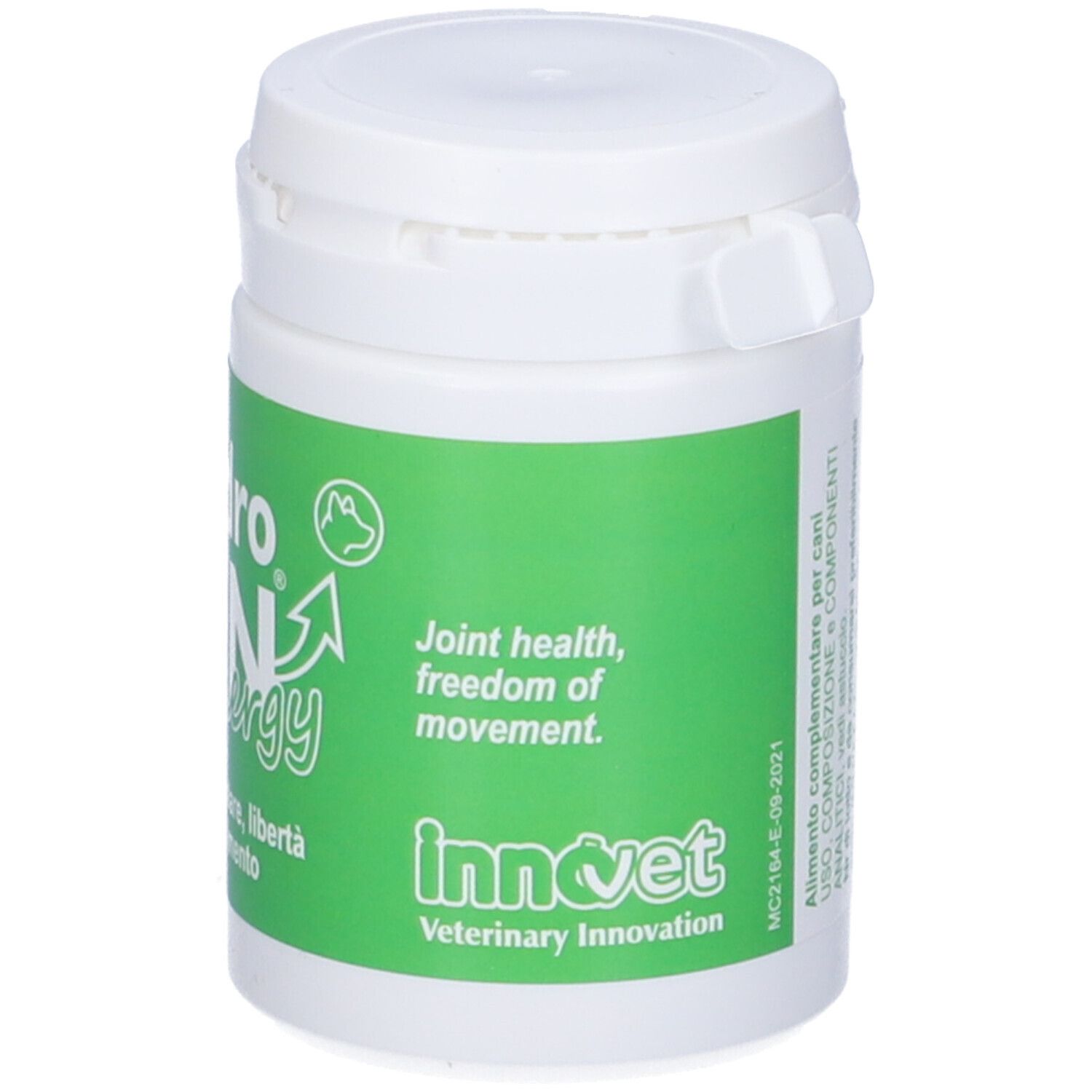 Flacone bianco, etichetta verde. Testo CondroGEN energy. Joint health, freedom of movement. Logo InnoVet.