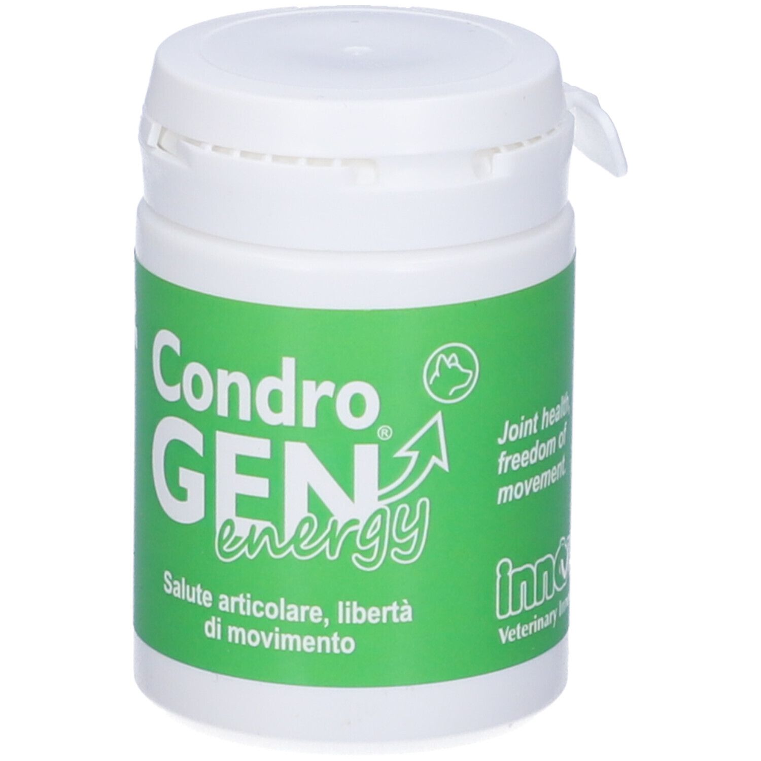Flacone bianco, etichetta verde. Testo CondroGEN energy. Joint health, freedom of movement. Logo InnoVet.