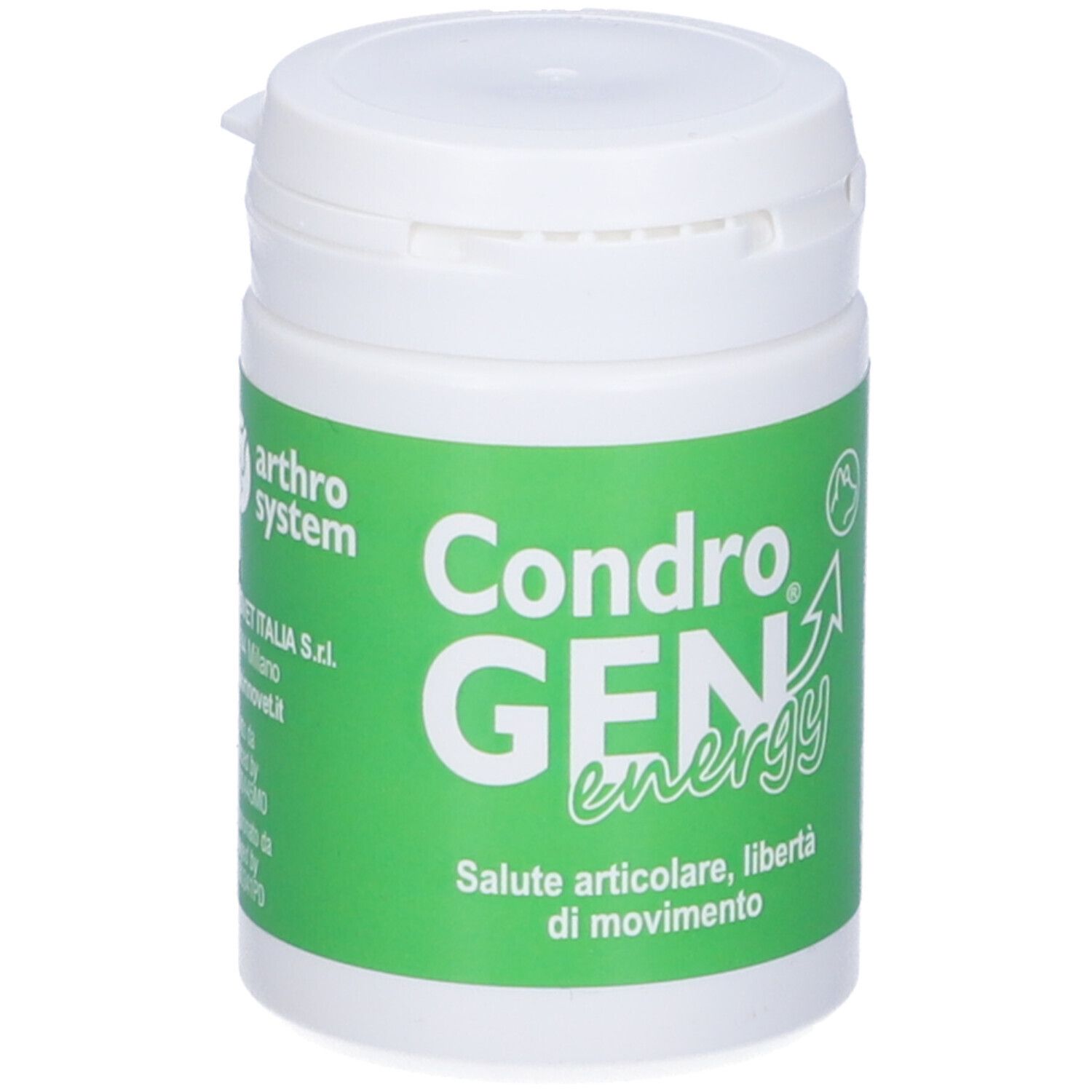 Flacone bianco, etichetta verde. Testo CondroGEN energy. Logo arthro system. Logo InnoVet.