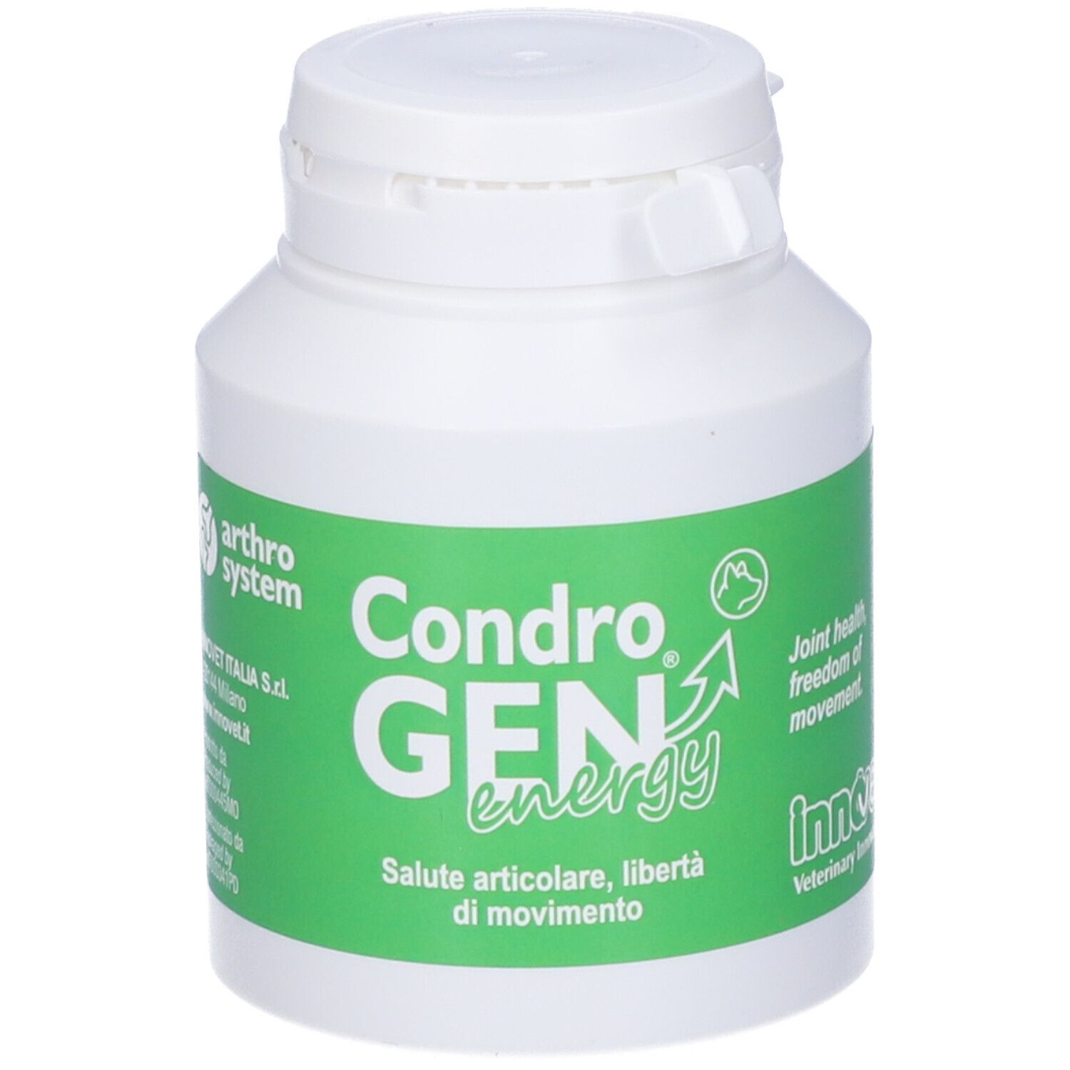 Flacone bianco con etichetta verde. "CondroGEN energy". Testo: Saluto articolare, libertà di movimento.