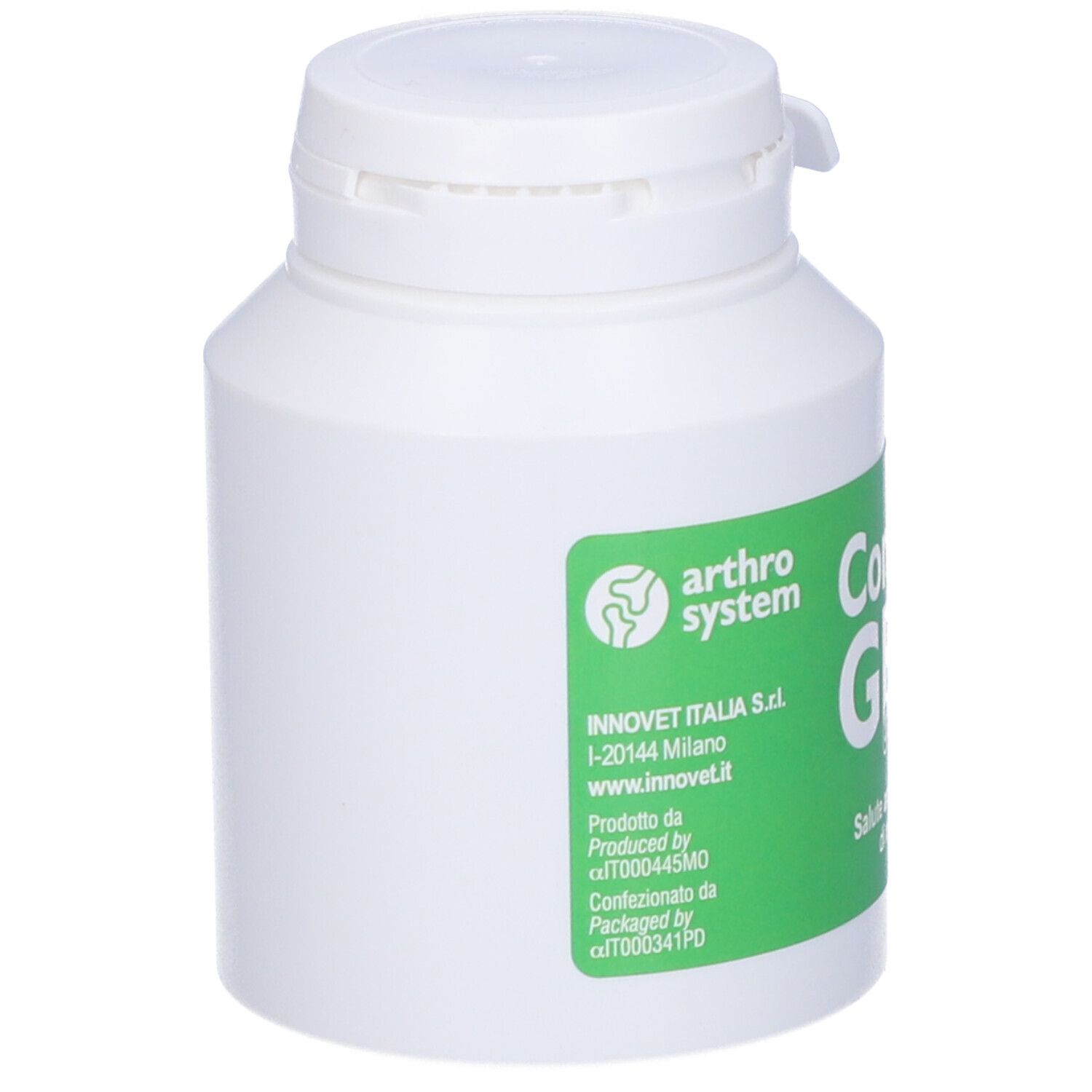 Flacone bianco con etichetta verde. Testo: InnoVet, Saluto articolare, libertà di movimento.