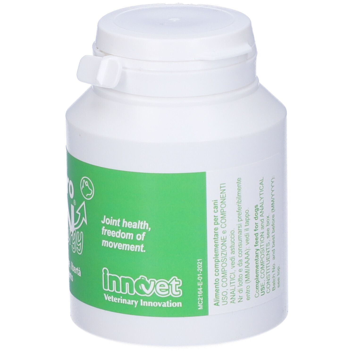 Flacone bianco con etichetta verde. Testo: InnoVet, Saluto articolare, libertà di movimento.