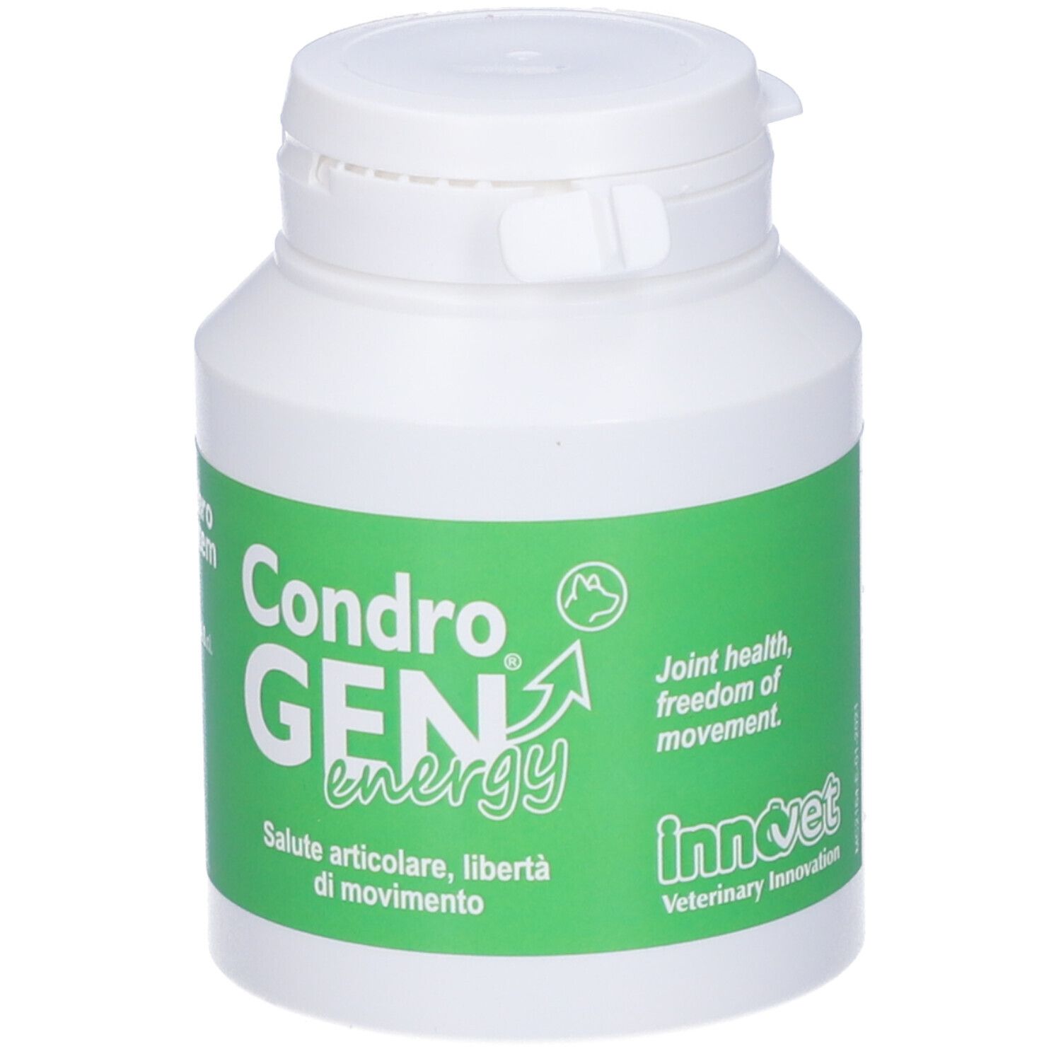 Flacone bianco con etichetta verde. "CondroGEN energy". Testo: Saluto articolare, libertà di movimento.