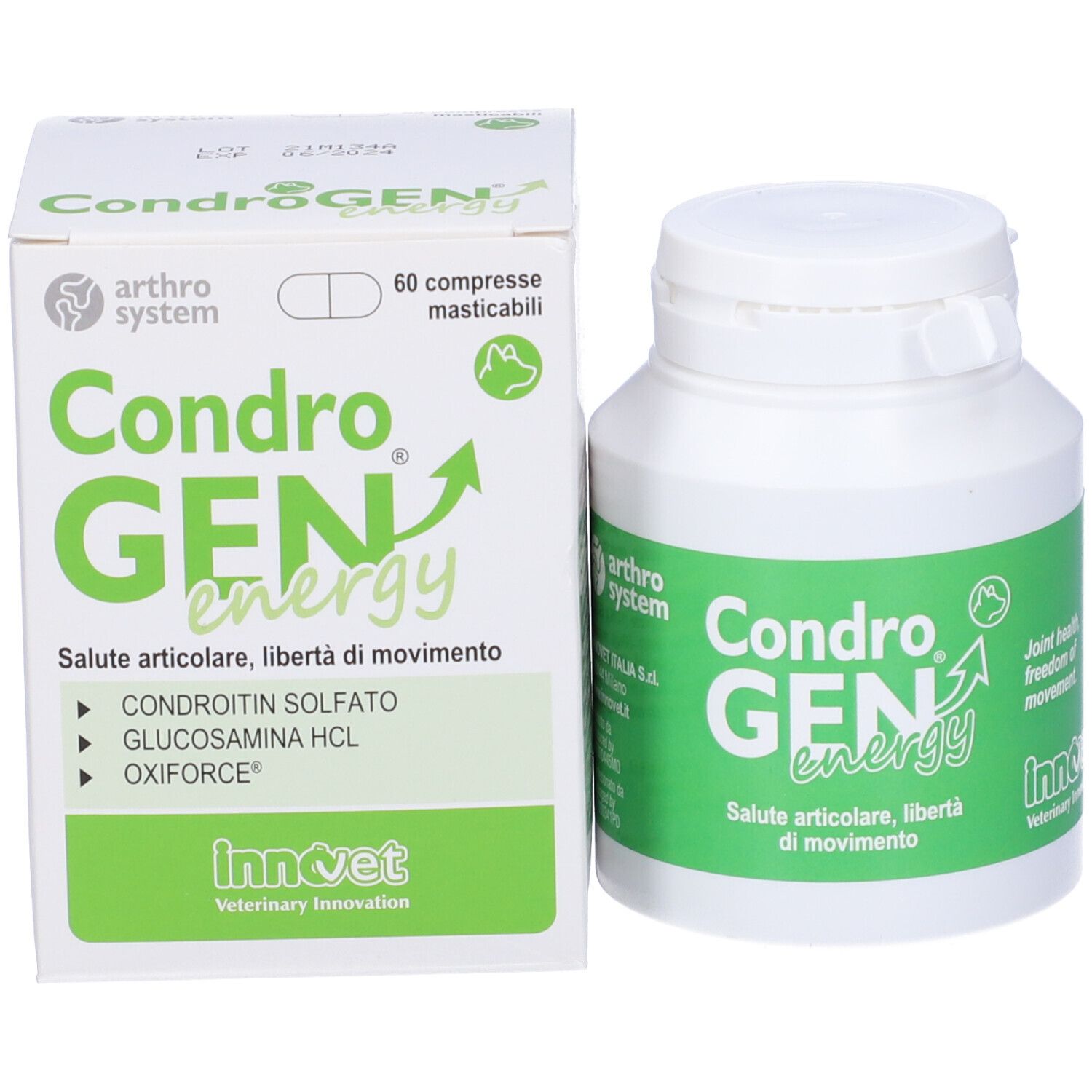 Confezione e flacone. "CondroGEN energy". Testo: Saluto articolare, libertà di movimento.