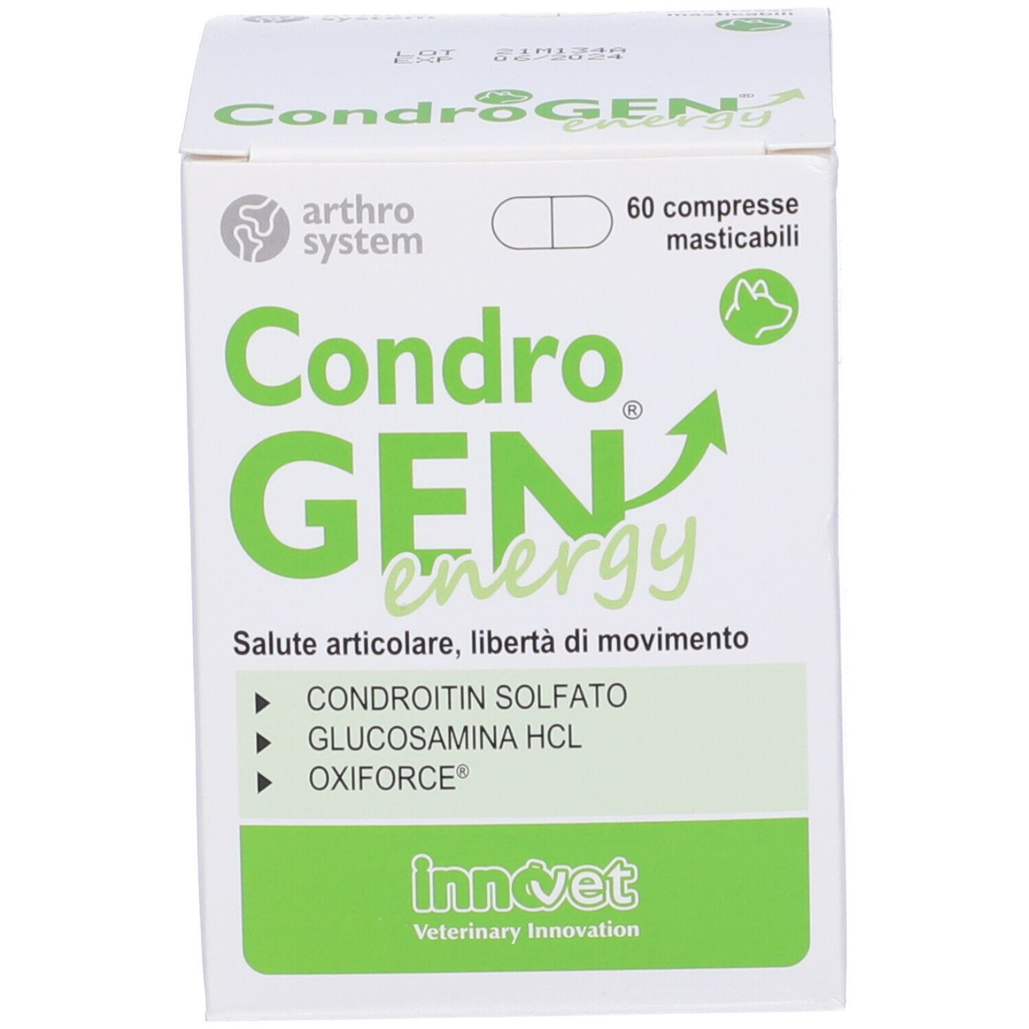 Scatola bianca "CondroGEN energy". Testo: Saluto articolare, libertà di movimento.