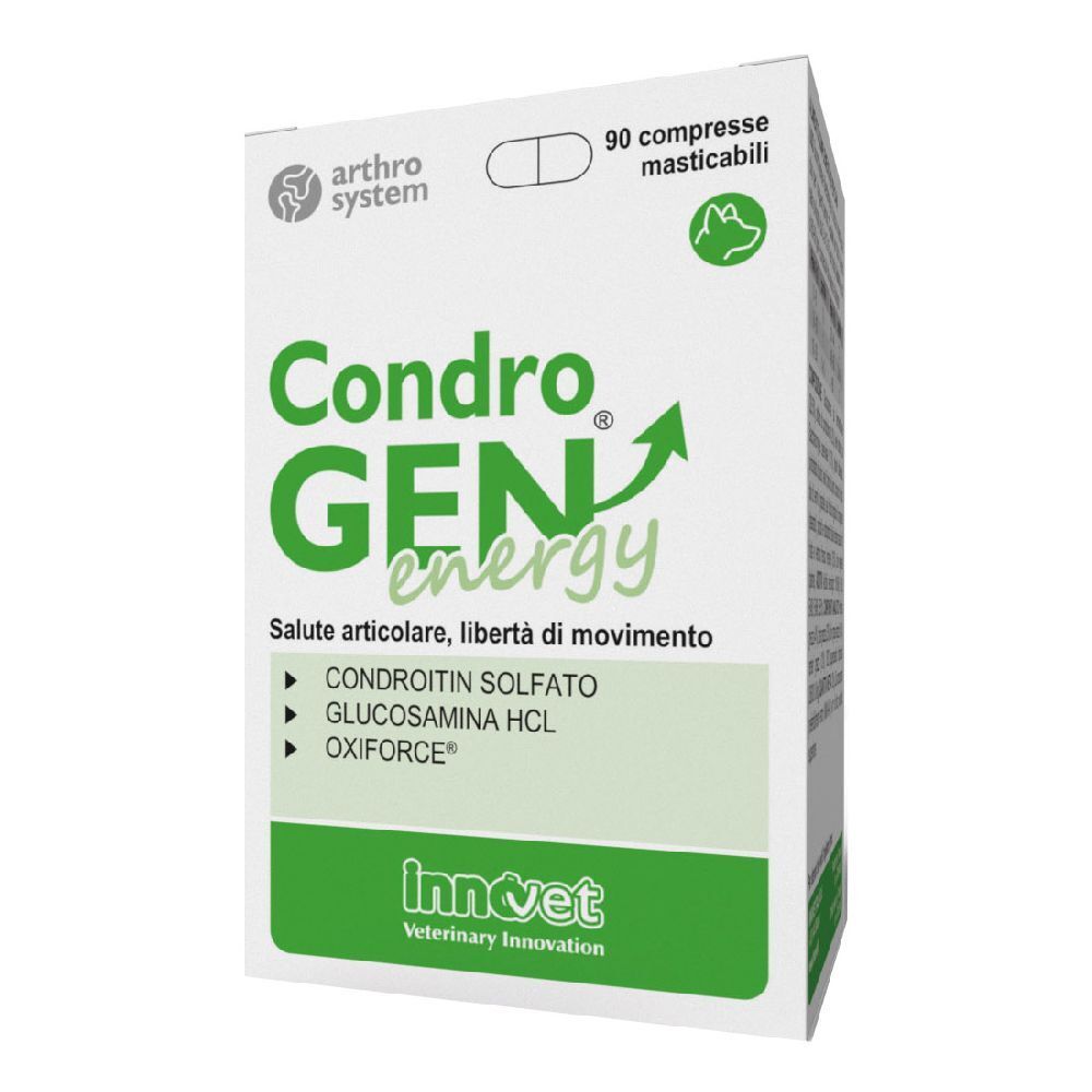 Weißer Karton mit grüner Schrift. Enthält 90 Kautabletten. Aufschrift: CondroGEN energy, Saluto articolare, libertà di movimento.