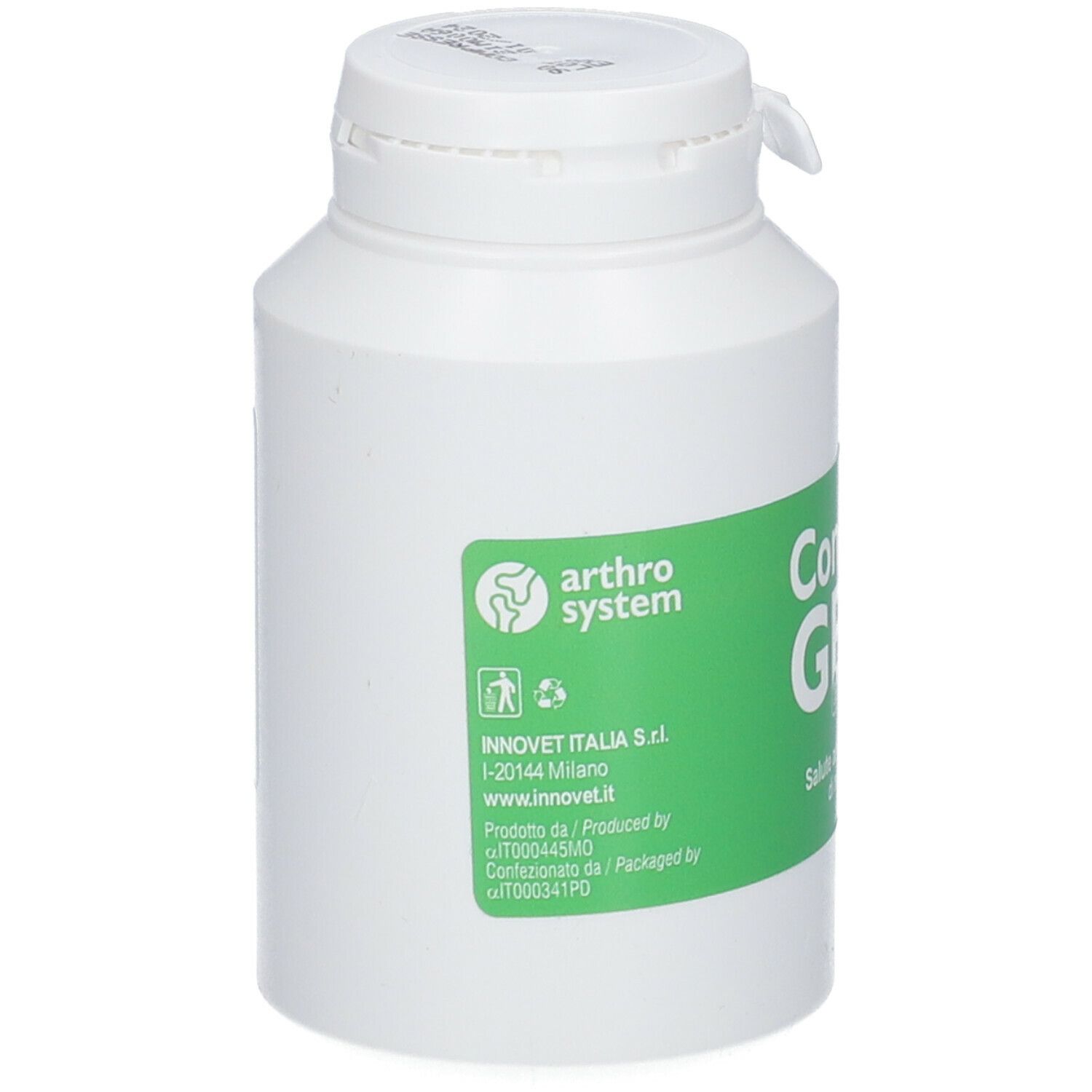 Weiße Flasche mit grünem Etikett. Aufschrift: CondroGEN energy, Saluto articolare, libertà di movimento. Mit weißem Deckel.