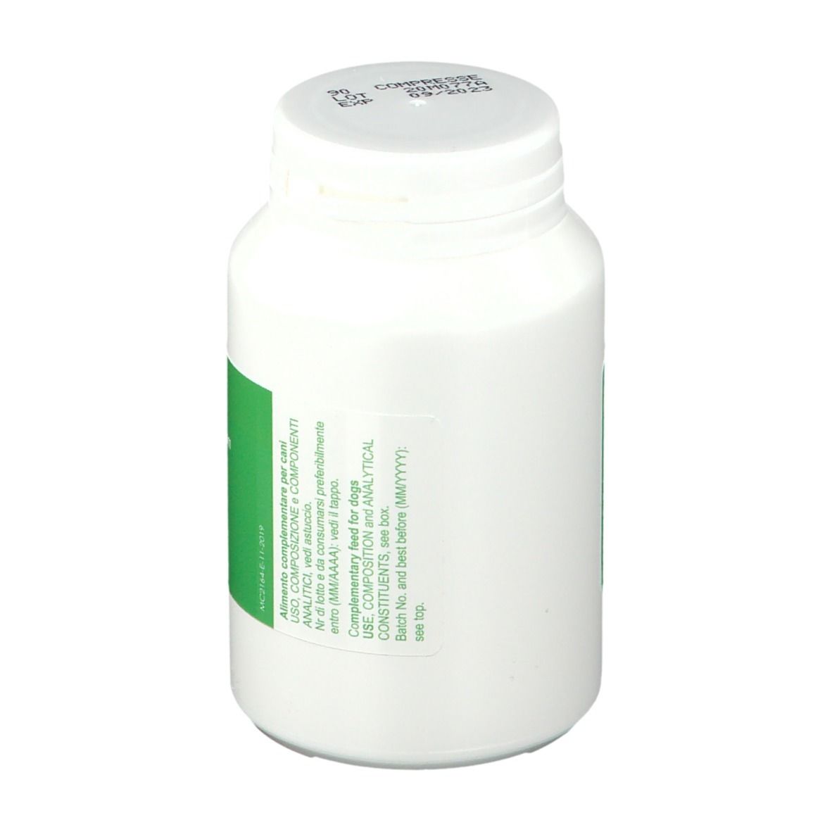 Weiße Flasche mit grünem Etikett. Aufschrift: CondroGEN energy, Saluto articolare, libertà di movimento. Mit weißem Deckel.