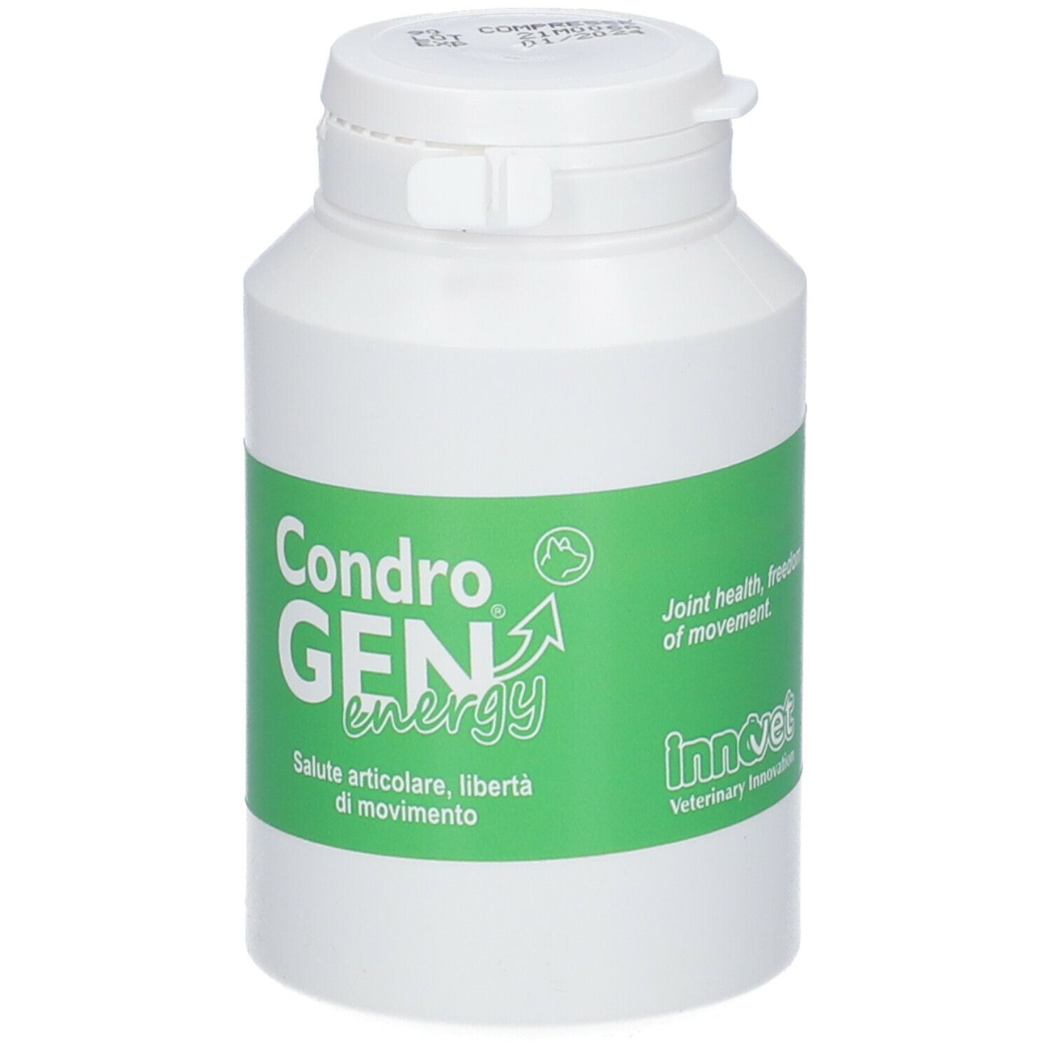 Weiße Flasche mit grünem Etikett. Aufschrift: CondroGEN energy, Saluto articolare, libertà di movimento. Mit weißem Deckel.