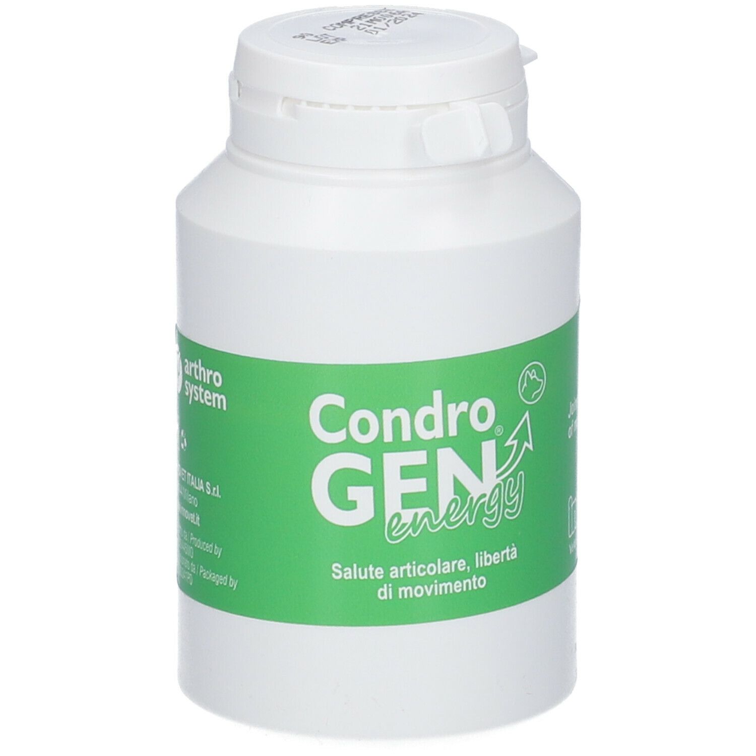 Weiße Flasche mit grünem Etikett. Aufschrift: CondroGEN energy, Saluto articolare, libertà di movimento. Mit weißem Deckel.