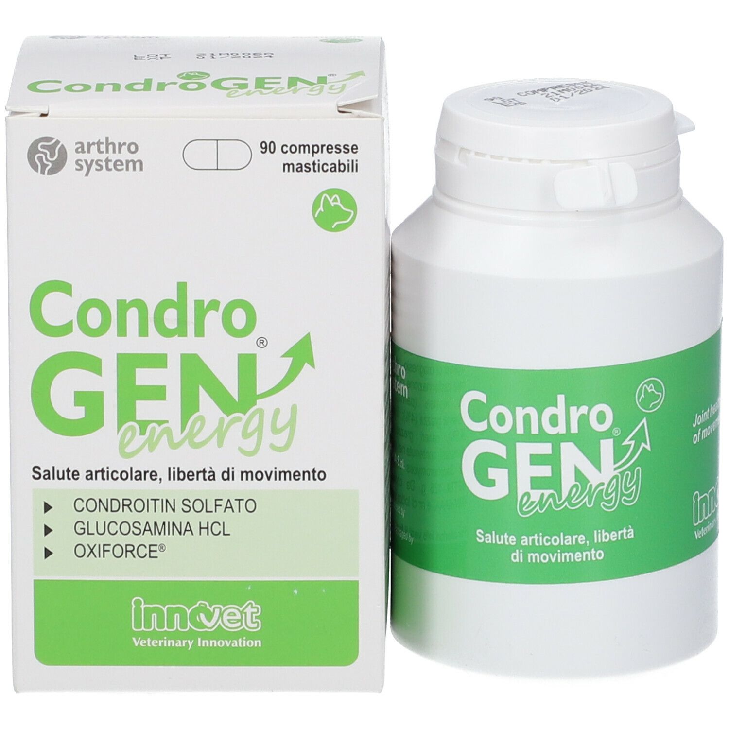 Produktpackung und Flasche. Weiße Verpackung mit grüner Schrift. Aufschrift: CondroGEN energy, Saluto articolare, libertà di movimento. Flasche mit weißem Deckel.