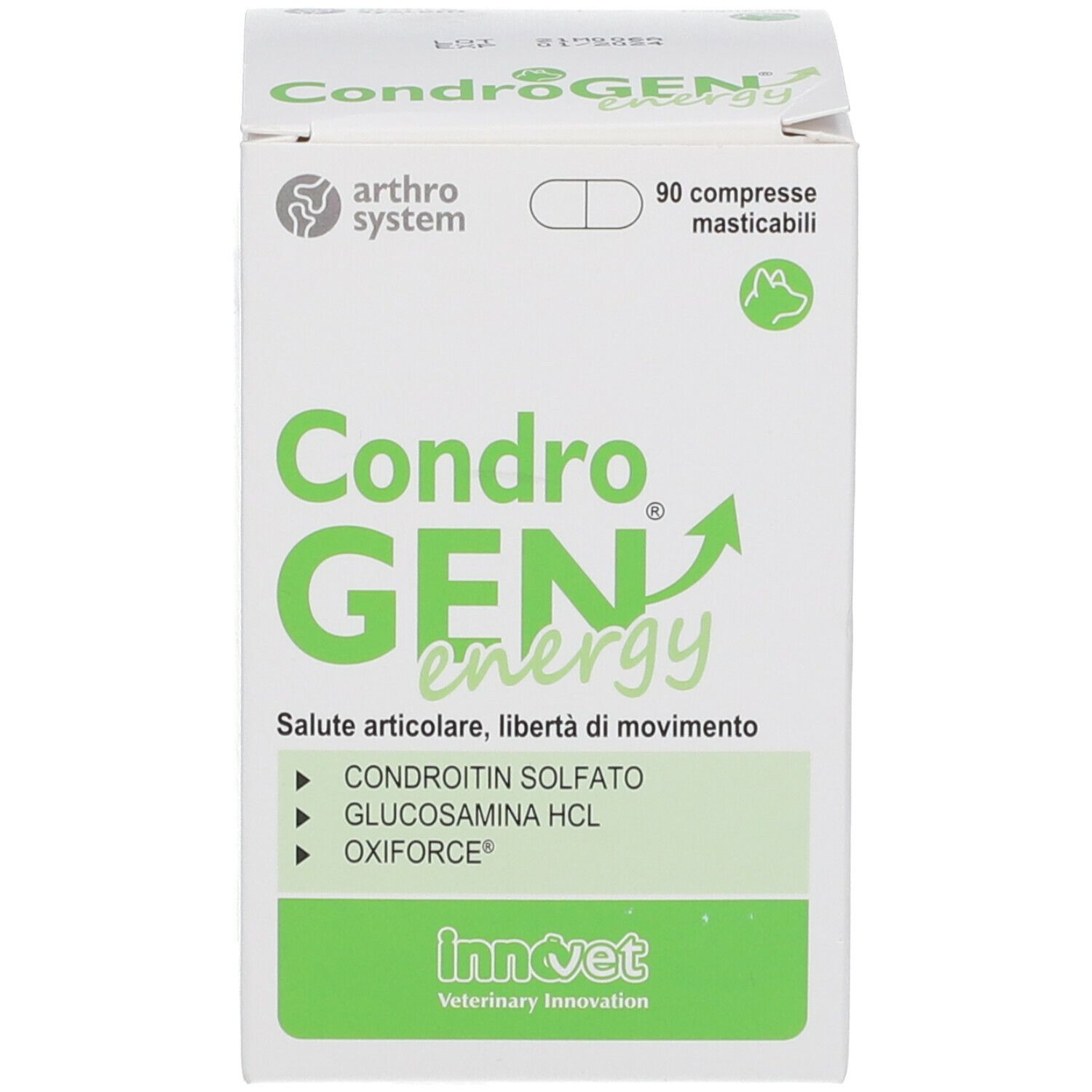 Weißer Karton mit grüner Schrift. Aufschrift: CondroGEN energy, Saluto articolare, libertà di movimento. Enthält 90 Kautabletten.