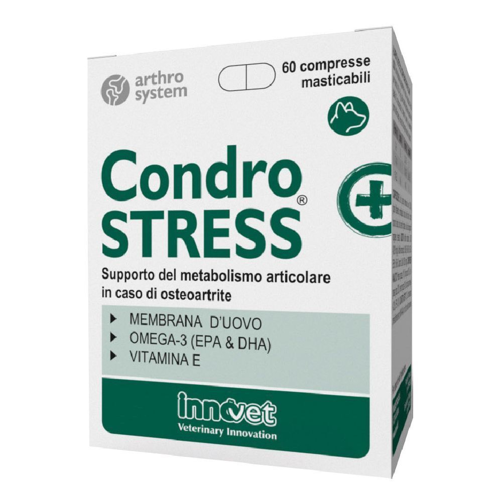 Boîte blanche avec logo "Condro STRESS". Contient 60 comprimés à croquer. Marque : Innovet.