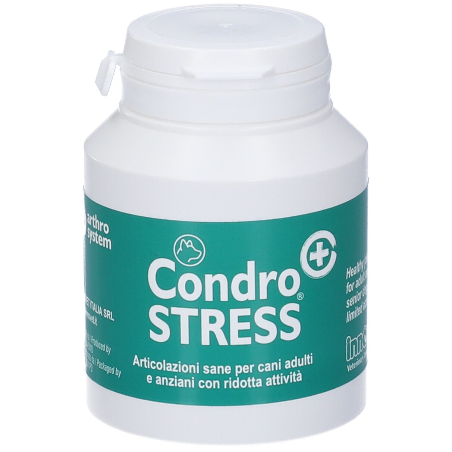 Flacon blanc avec étiquette verte. Logo "Condro STRESS". Pour chiens. Marque : Innovet.
