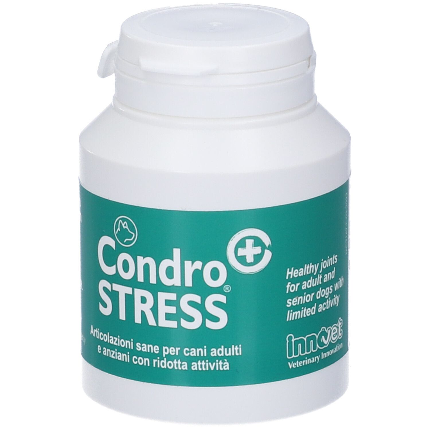 Flacon blanc avec étiquette verte. Logo "Condro STRESS". Marque : Innovet.
