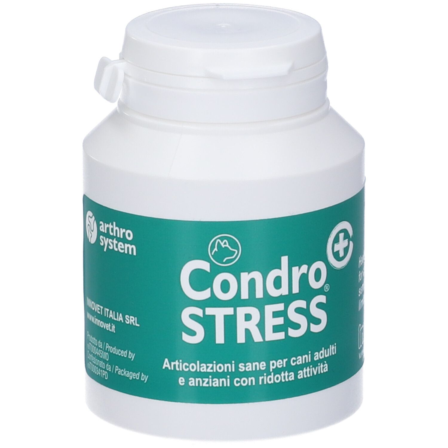 Flacon blanc avec étiquette verte. Logo "Condro STRESS". Marque : Innovet.