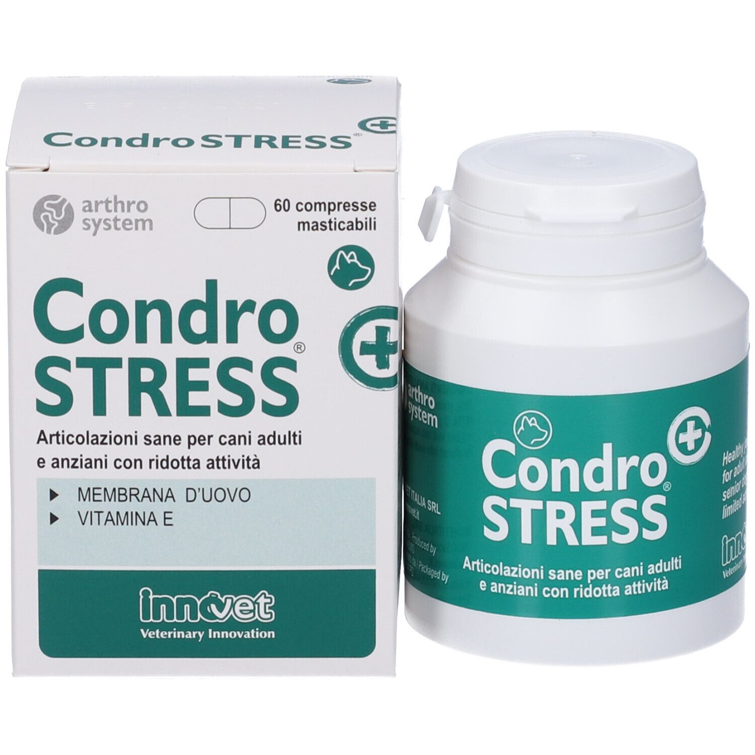Boîte et flacon blancs. Logo "Condro STRESS". 60 comprimés. Marque : Innovet.