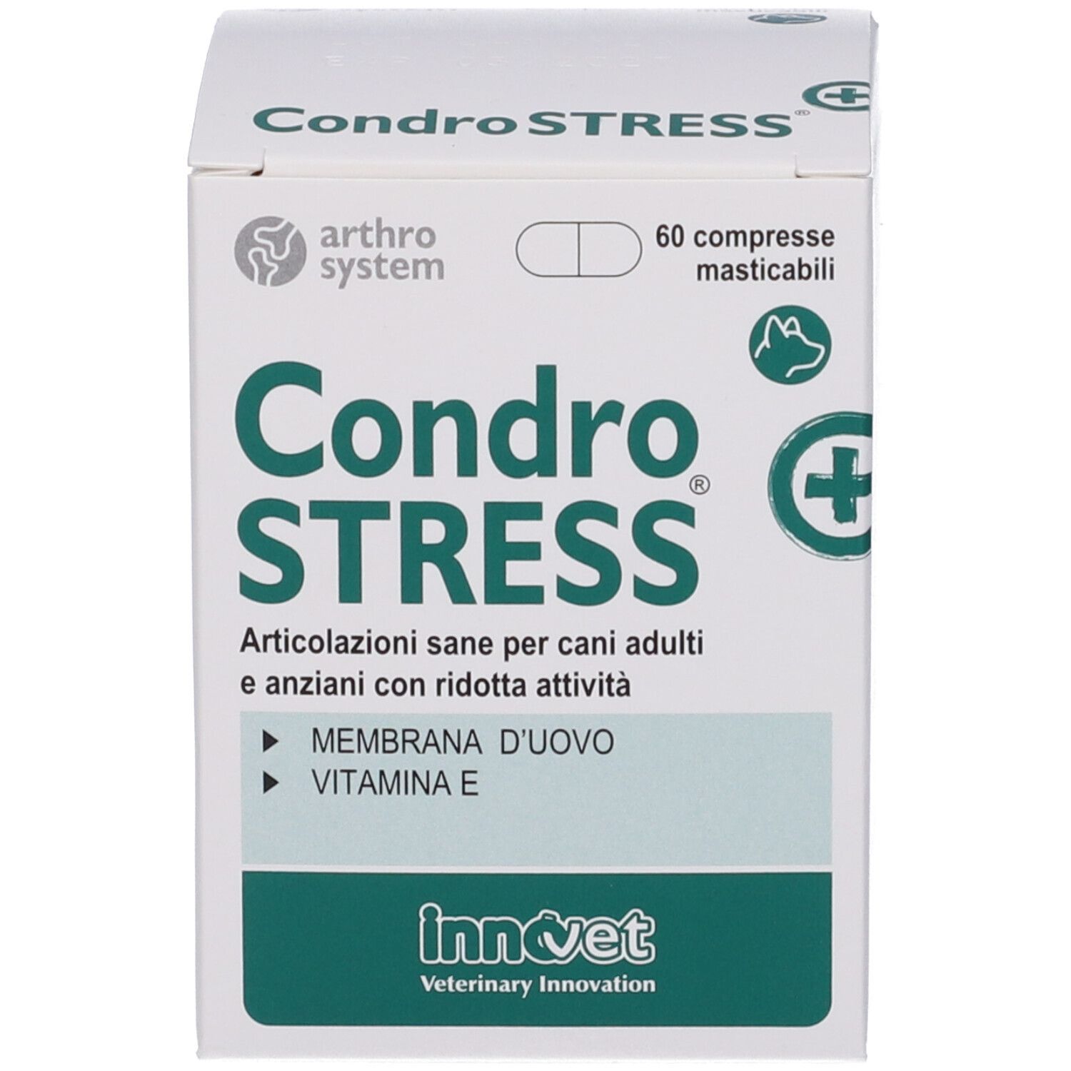 Boîte blanche avec logo "Condro STRESS". 60 comprimés à croquer. Marque : Innovet.