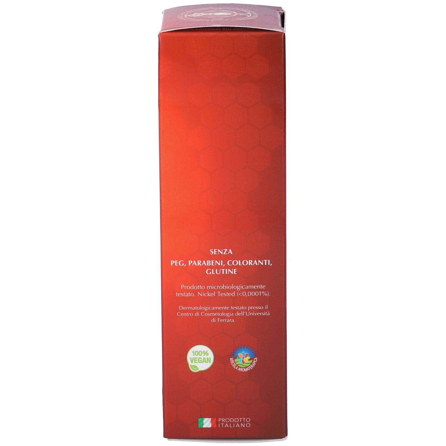 Retro della scatola. Testo con ingredienti e certificazioni. Sfondo rosso. Logo.