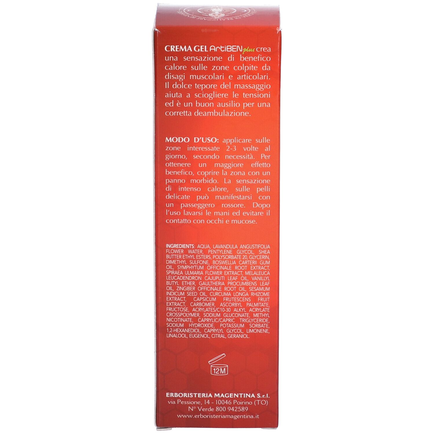 Lato della scatola con informazioni sul prodotto. Testo con ingredienti e utilizzo. Sfondo rosso.