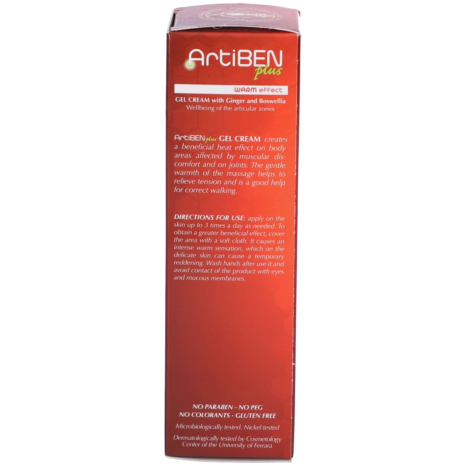 Lato della scatola con informazioni sul prodotto. Testo con utilizzo e ingredienti. Sfondo rosso.