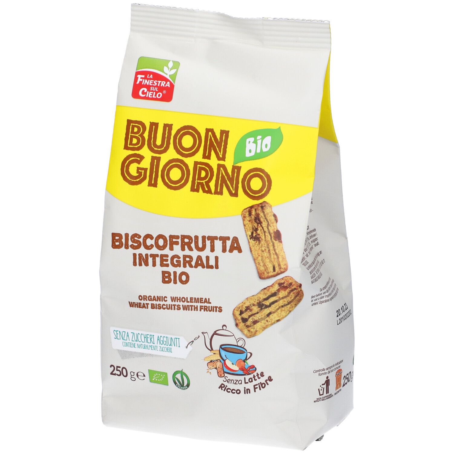 Confezione di Buongiornobio Biscofrutta Integrali Bio. Scritta: BUON GIORNO, Biscofrutta Integrali Bio, 250g, marchio bio.