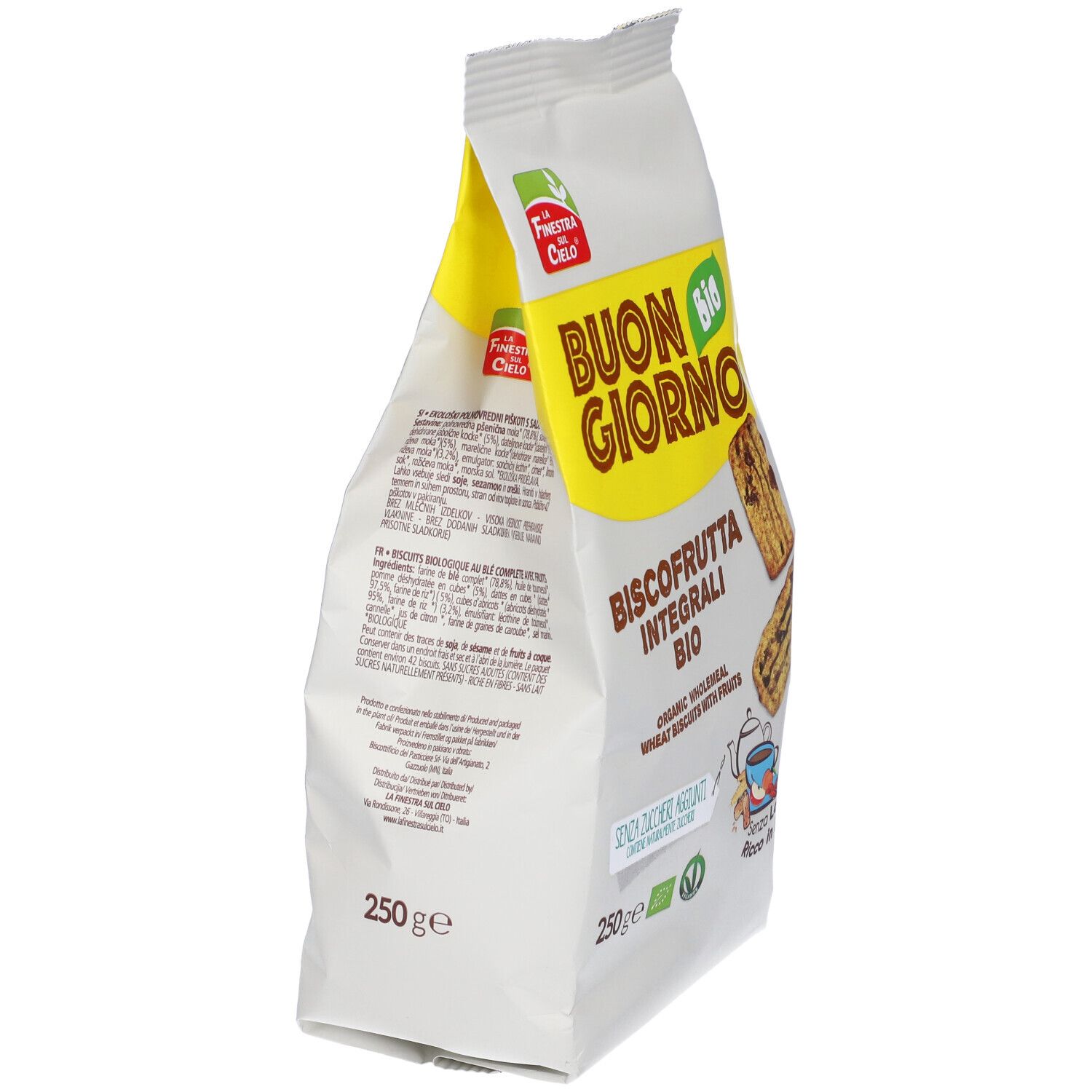 Lato della confezione Buongiornobio Biscofrutta Integrali Bio. Scritta: BUON GIORNO, Biscofrutta Integrali Bio, 250g, marchio bio.