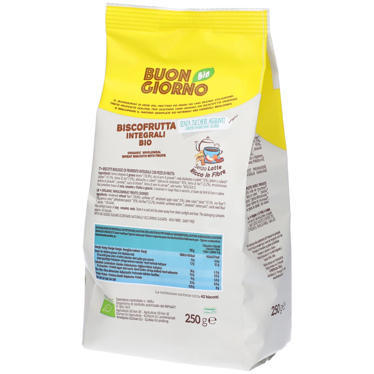 Retro della confezione Buongiornobio Biscofrutta Integrali Bio. Scritta: BUON GIORNO, Biscofrutta Integrali Bio, 250g, marchio bio.