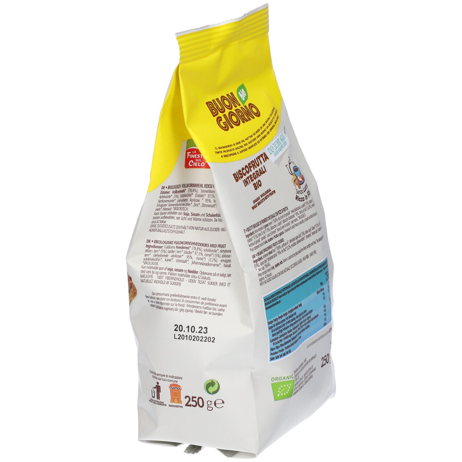 Vista obliqua della confezione Buongiornobio Biscofrutta Integrali Bio. Scritta: BUON GIORNO, Biscofrutta Integrali Bio, 250g, marchio bio.