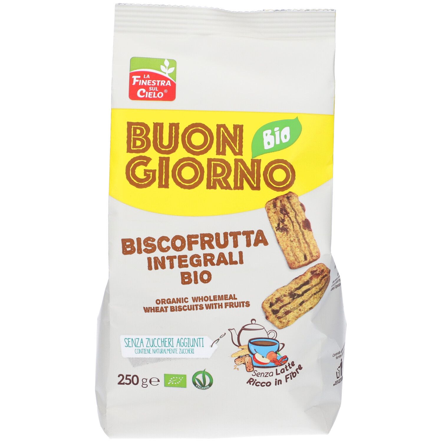 Confezione di Buongiornobio Biscofrutta Integrali Bio. Scritta: BUON GIORNO, Biscofrutta Integrali Bio, 250g, marchio bio.